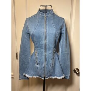 Mod X Womens Blue Denim Peplum Zip Up Jacket Frayed Hem XS
